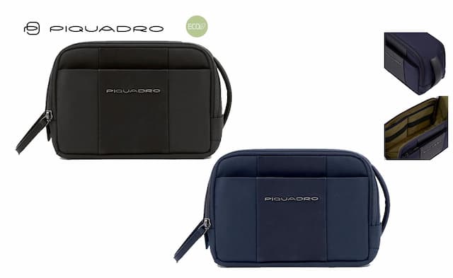 Beauty case uomo intessuto riciclato e pelle piquadro personalizzabile con logo