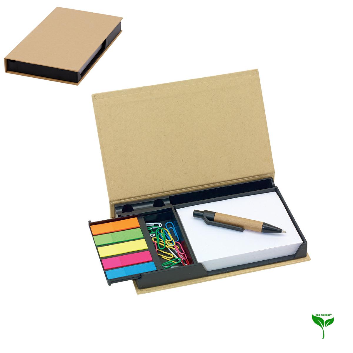 Memobox con foglietti, graffette, post-it e penna mini