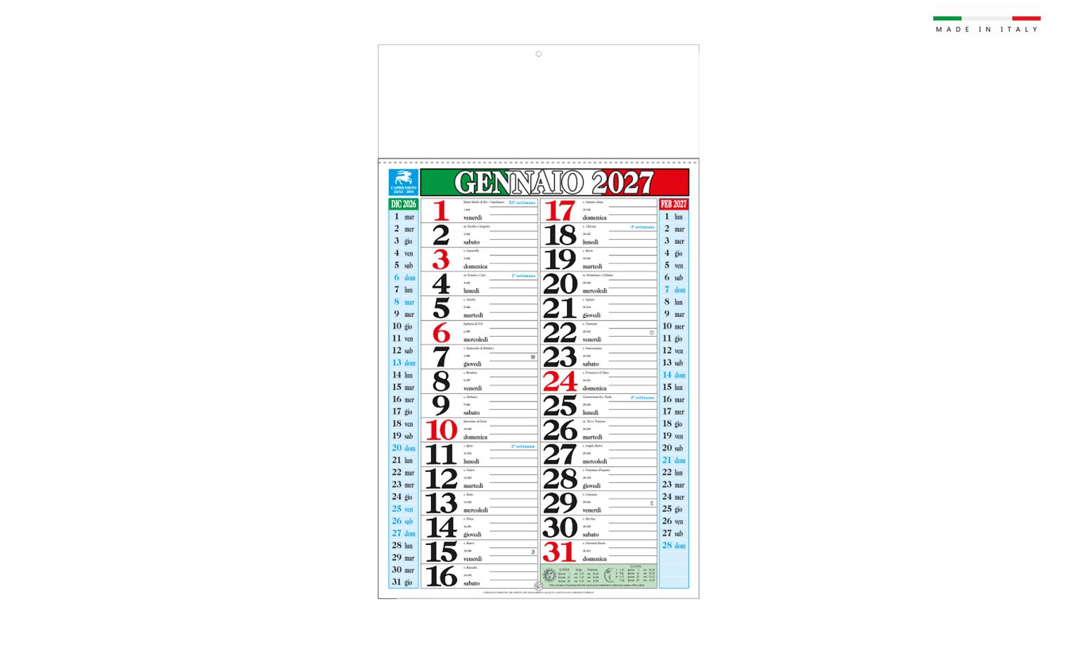 Calendario tricolore mensile 12 Fogli 31x53,5