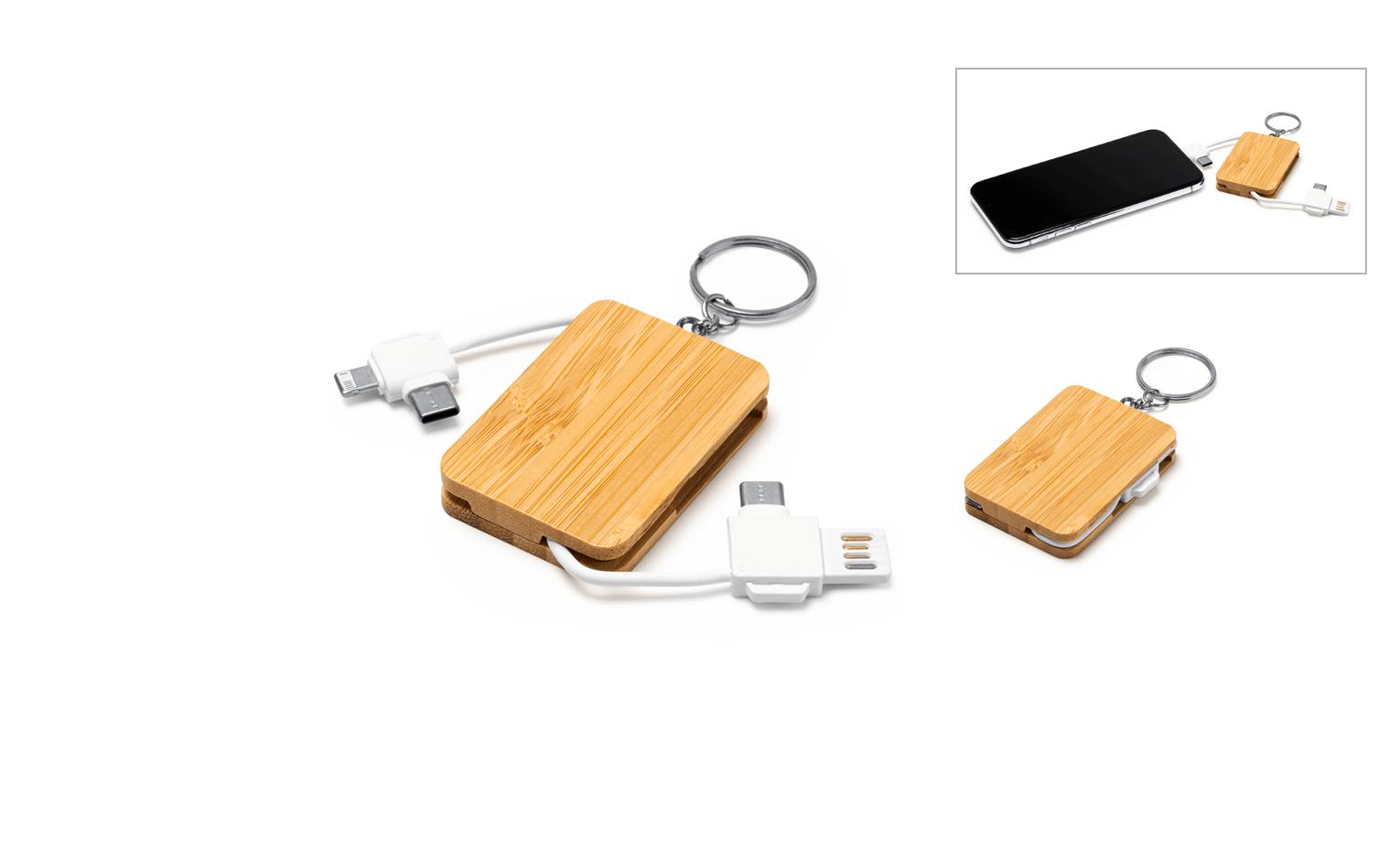 Portachiavi in bamboo con cavo di ricarica e micro USB