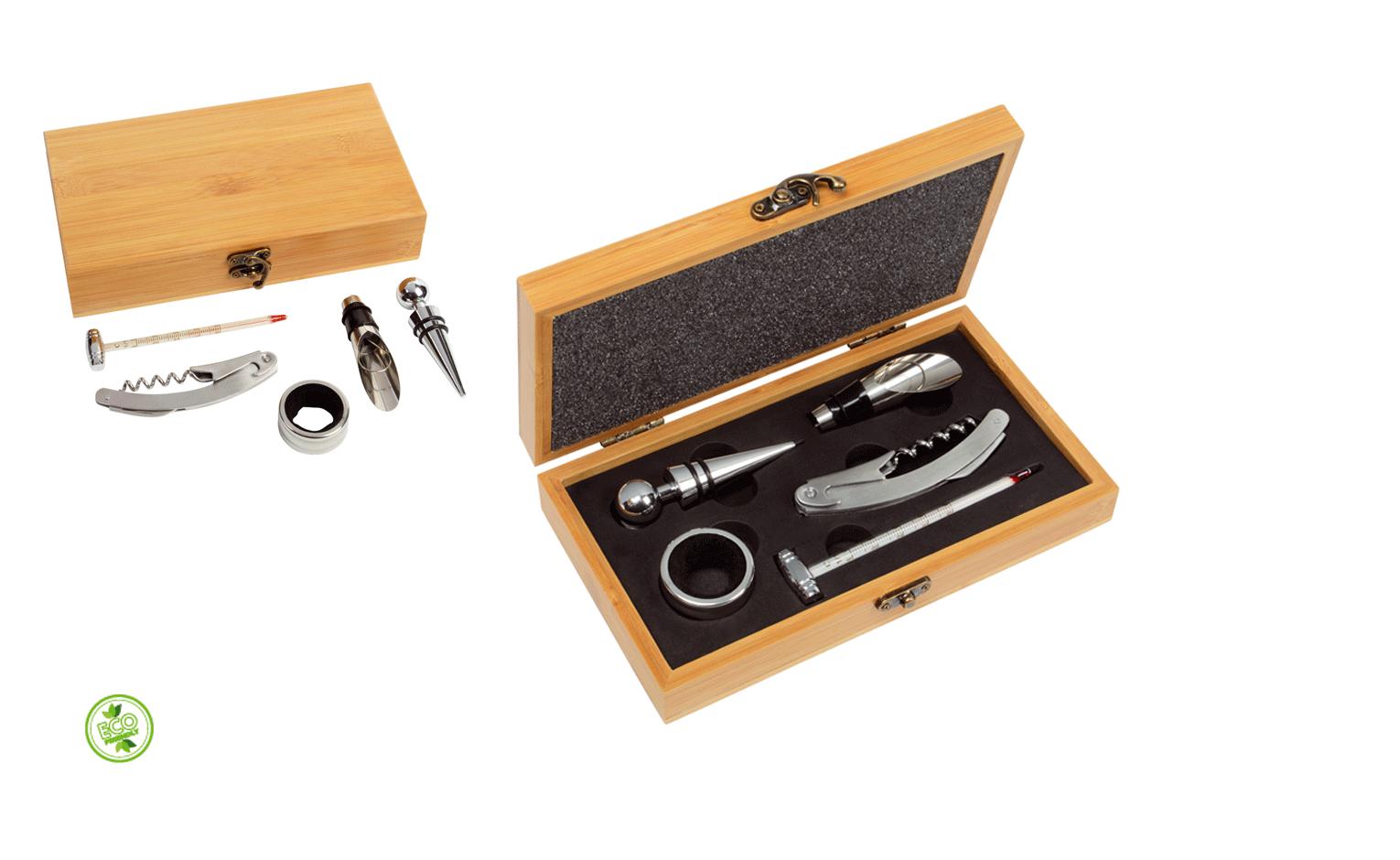 Set vino scatola inbamboo con 5 accessori
