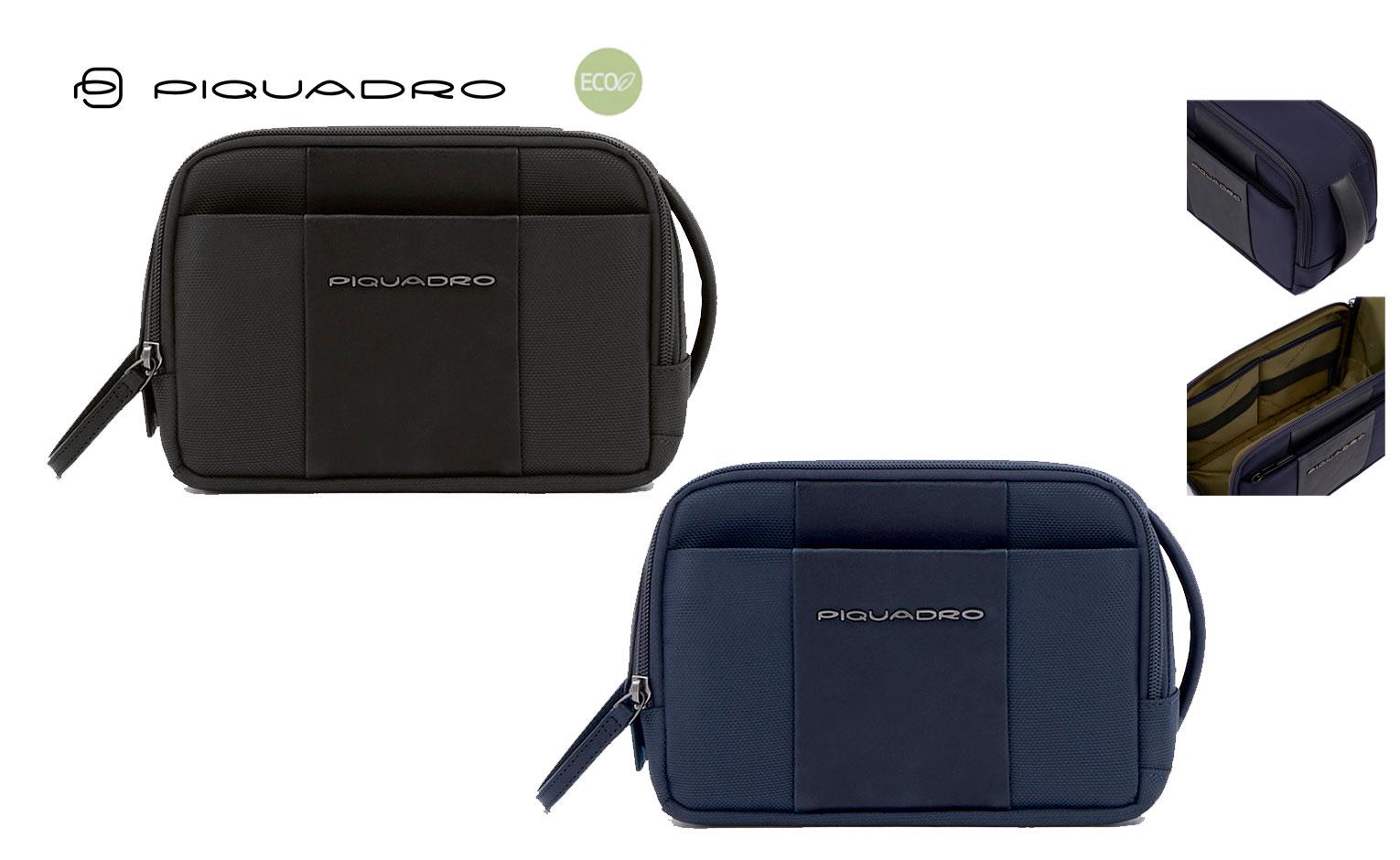 Beauty case uomo intessuto riciclato e pelle piquadro personalizzabile con logo